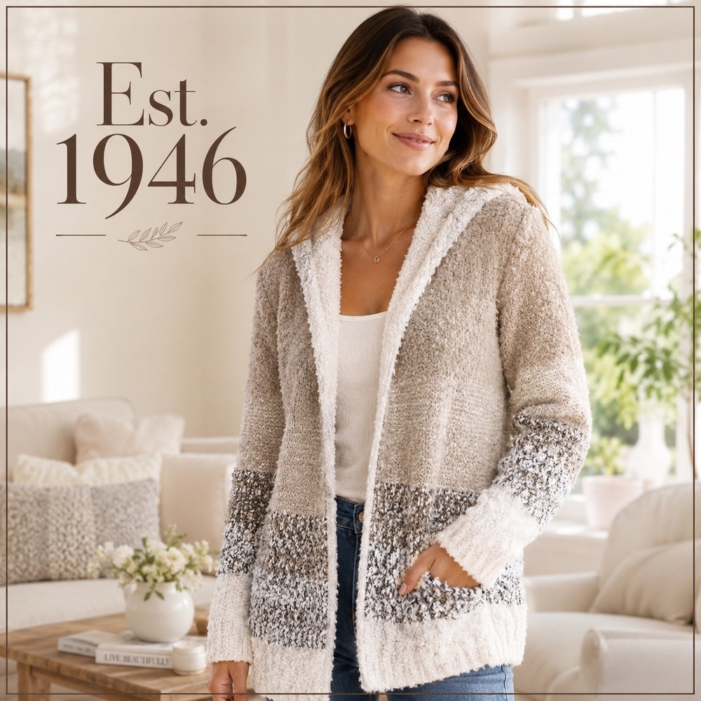Est 1946 Women XL Tan Cream Colorblock Hooded Eyelash Knit Cardigan Sweater EUC